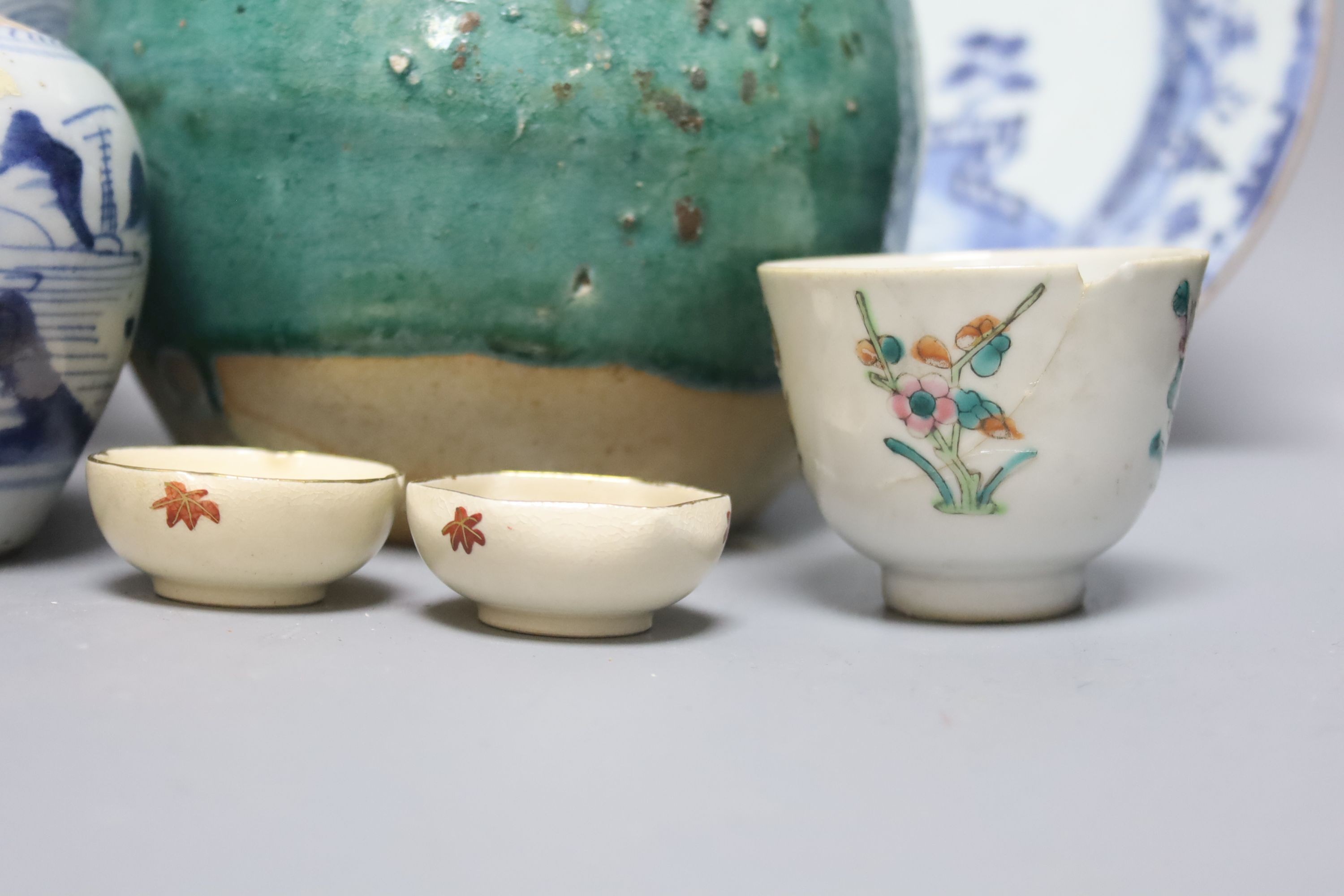 A Chinese blue and white porcelain jar, a similar smaller jar and sundry items